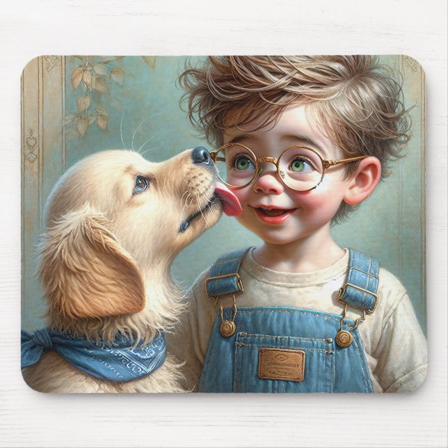 Little Boy Kissed by Golden Retriever Puppy Mouse Pad (Front)