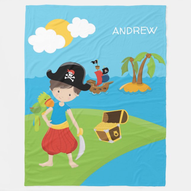 Little Boy Pirate with Treasure and Parrot Fleece Blanket (Front)