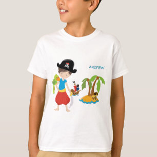 Little Boy Pirate with Treasure and Parrot T-Shirt