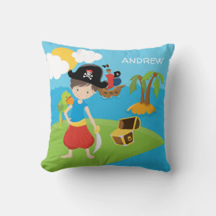 Little Boy Pirate with Treasure and Parrot Throw Pillow
