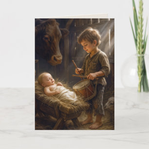 Little Boy Playing His Drum for Baby in Manger Card
