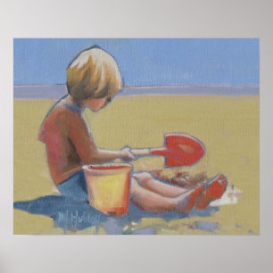 Little boy playing in the sand with a shovel poster