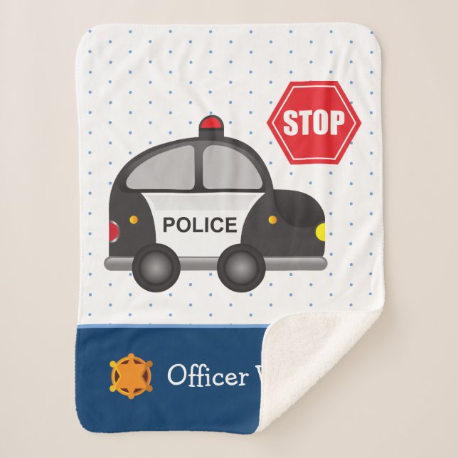 Little Boy Police Officer and Car Polka Dot Sherpa Blanket (Front)