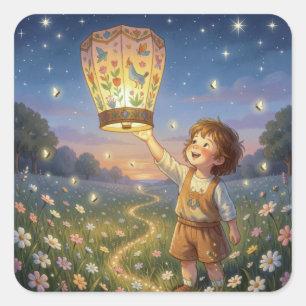 Little Boy Releasing a Chinese Lantern Square Sticker