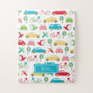 Little Boy Vehicle Pattern with First Name Jigsaw Puzzle