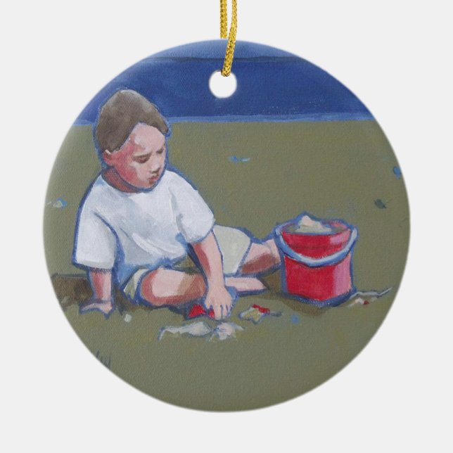 Little Boy with Sandcastle and Beach Bucket Ceramic Ornament (Front)