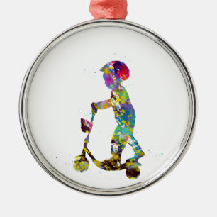 Little boy with scooter metal ornament