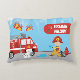 Little Boy's Cartoon Fireman with First Name Accent Pillow