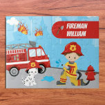 Little Boy's Cartoon Fireman with First Name Jigsaw Puzzle<br><div class="desc">Have a little boy who dreams of being a fireman? This jigsaw puzzle is perfect! Puzzle has a young boy wearing a fireman's hat and holding a hose spraying water. There's also a firefighter Dalmatian dog, a firetruck, a fire ax and a fire hydrant. Personalize the puzzle with your son's...</div>