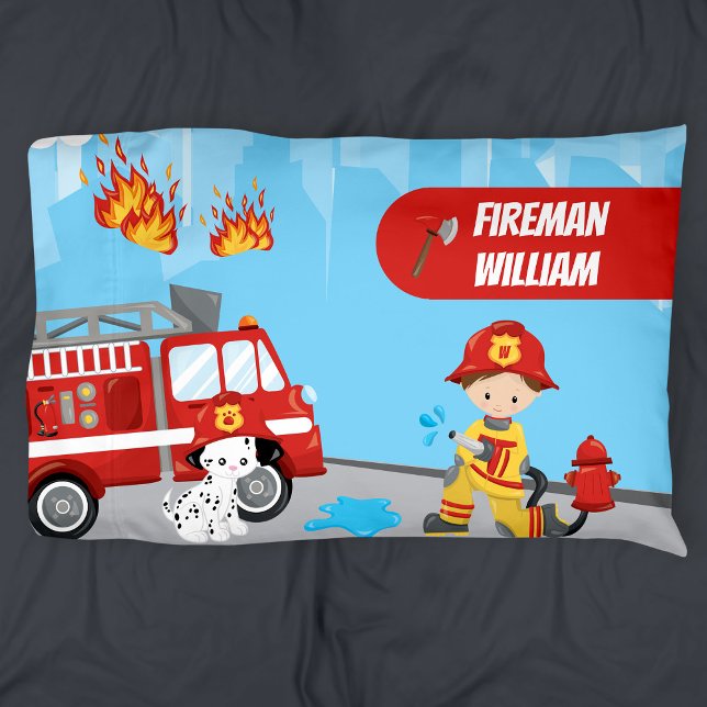 Little Boy's Cartoon Fireman with First Name Pillowcase (Creator Uploaded)