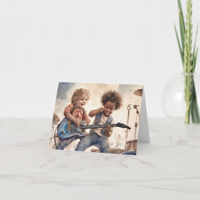 Little Boys Guitar Watercolor Illustration Blank  Card (Front)