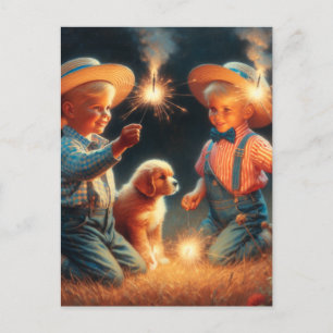 Little Boys Playing with Firework Fourth of July Postcard