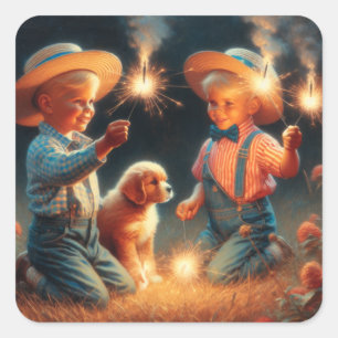 Little Boys Playing with Firework Fourth of July Square Sticker