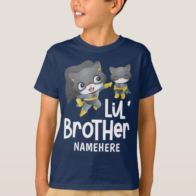 Little Brother Superhero Cat Custom Name T-Shirt (Front)
