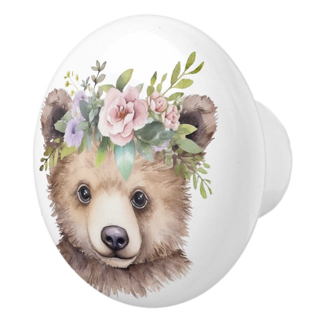 Little Brown Bear With Floral Headpiece Ceramic Knob (Right)