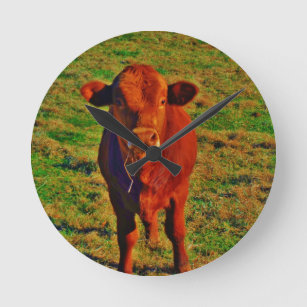Little Brown Cow Bright Green Grass Round Clock