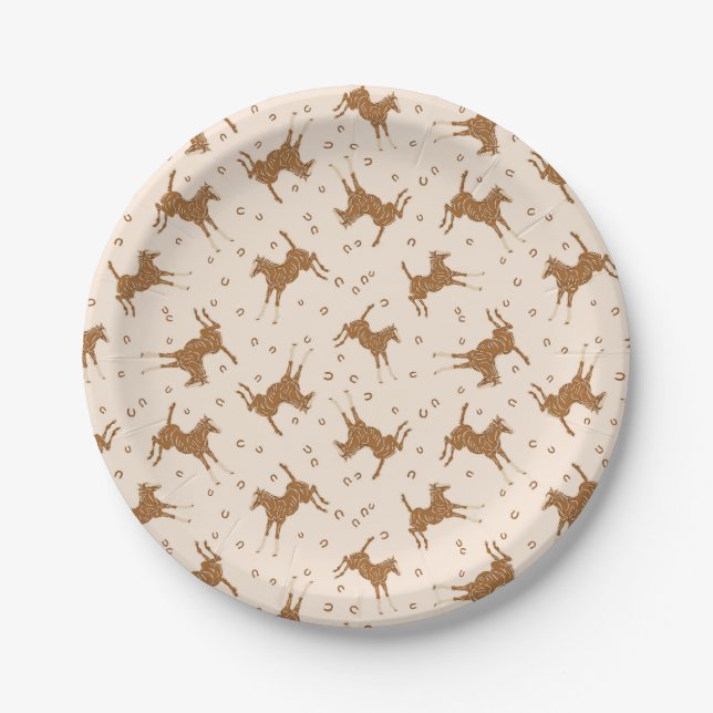 Little Brown Horses - on salmon pink.   Paper Plate (Front)