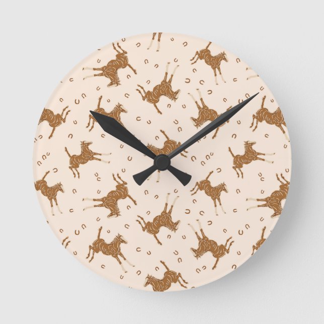 Little Brown Horses - on salmon pink.   Round Clock (Front)
