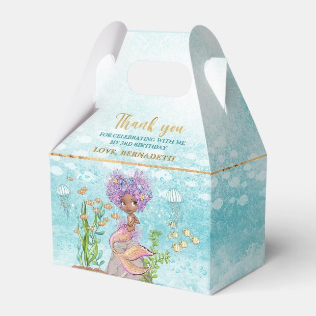 Little Brown Mermaid Girl Under the Sea Birthday Favor Box (Front Side)