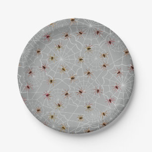 Little Brown Spiders on Grey and White Webs Paper Plate
