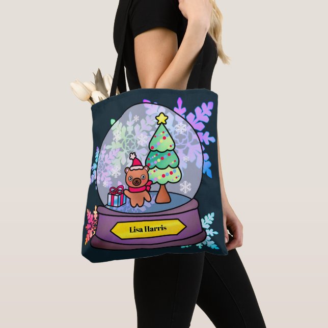 Little Brown Teddy Bear in Snow Globe Tote Bag (Close Up)