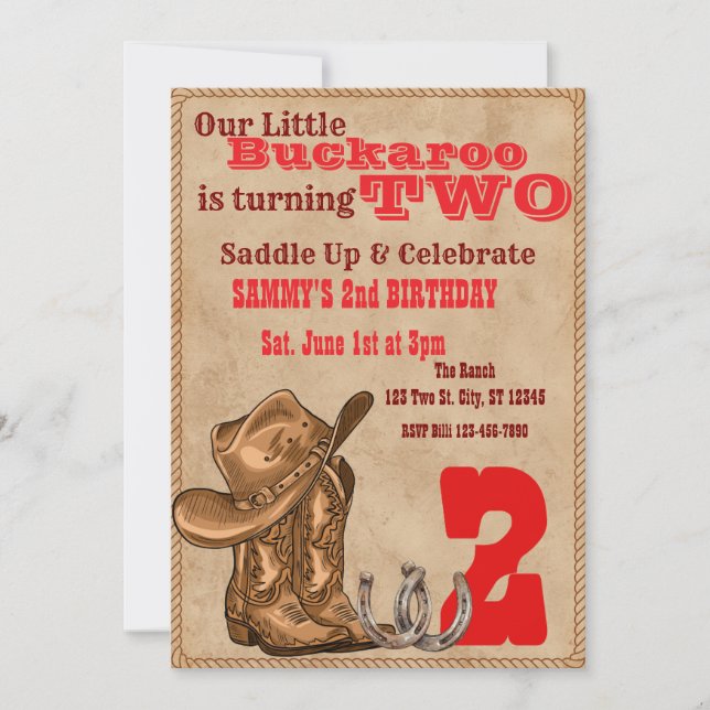 Little Buckaroo Two, Western 2nd Birthday Invitation (Front)