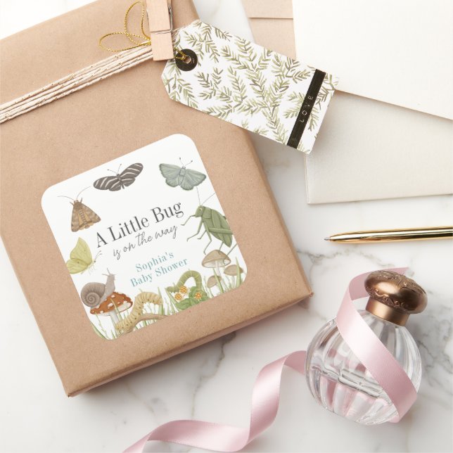 Little Bug Insects Mushroom Boy Baby Shower Square Sticker (Gifting)