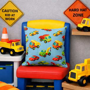 Little Builder Colorful Cars & Construction Trucks Throw Pillow