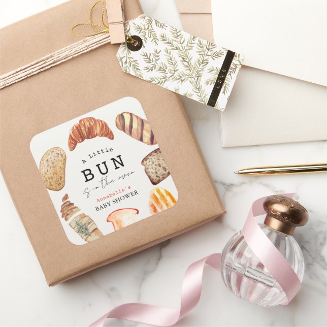 Little Bun in the Oven Bakery Pastries Baby Shower Square Sticker (Gifting)