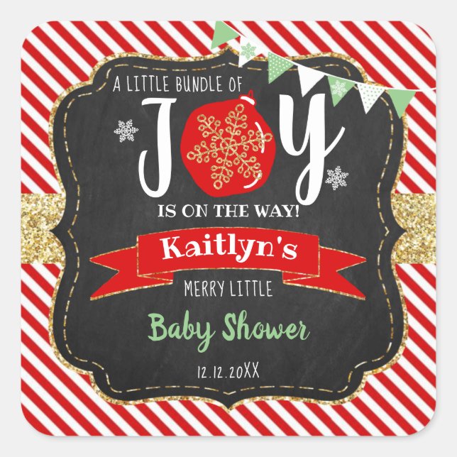 "Little Bundle Of Joy" Christmas Baby Shower Square Sticker (Front)