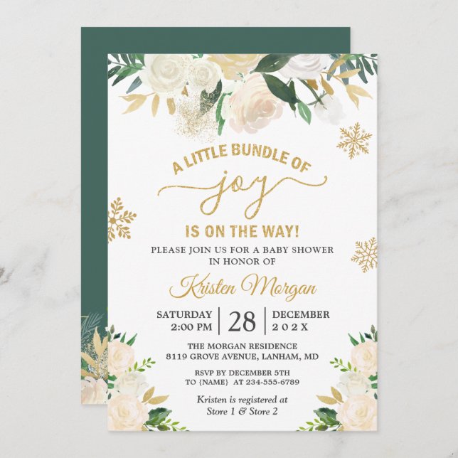Little Bundle of Joy Gold Floral Baby Shower Invitation (Front/Back)