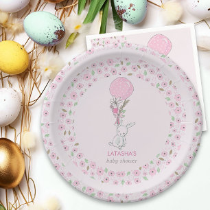 Little Bunny and Balloon Pink Girl Baby Shower Paper Plate