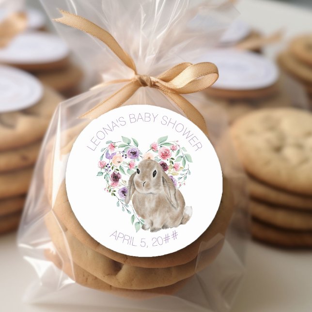 Little Bunny Baby Shower Floral Love Heart Classic Round Sticker (Floral Rabbit Sticker from my Little Bunny & Little Lamb Baby Shower collection)