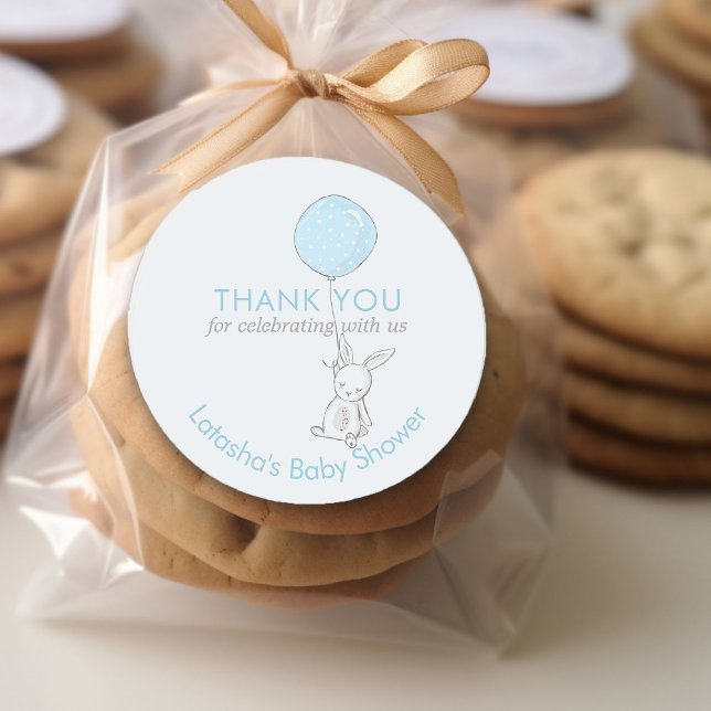 Little Bunny & Balloon Blue Thank You Classic Round Sticker (Blue thank you stickers from my Little Bunny & Balloon Baby Shower collection)