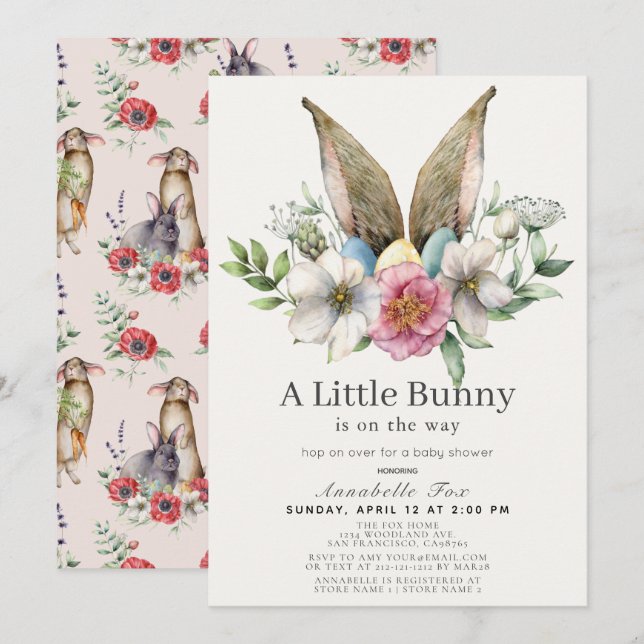 Little Bunny Ear Floral Pink Baby Shower Invitation (Front/Back)