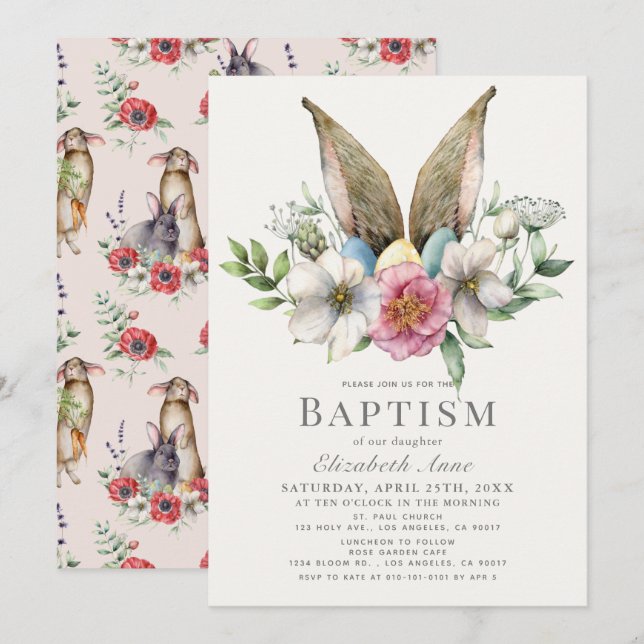 Little Bunny Ear Floral Pink Girl Baptism Invitation (Front/Back)