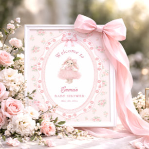 Little Bunny Floral Pink Bow Baby Shower Welcome Poster