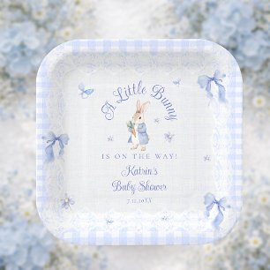 Little Bunny Gingham Blue Baby Shower Paper Plate