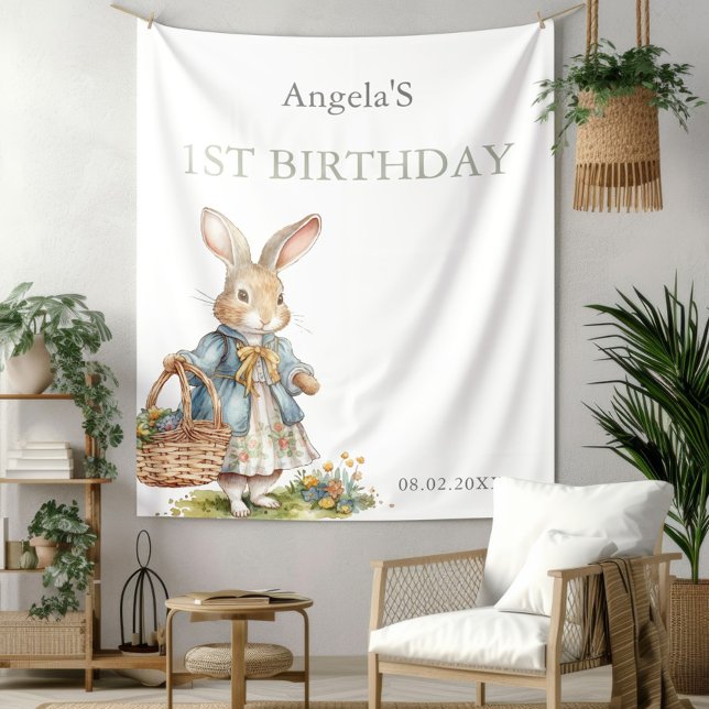 Little Bunny Greenety Girl First Birthday Party Tapestry (Creator Uploaded)