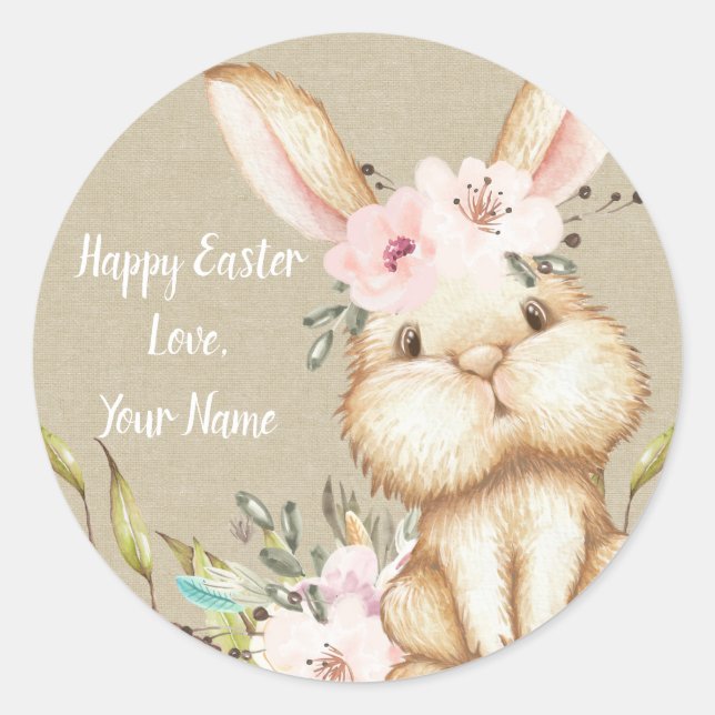 Little Bunny Happy Easter Personalized Classic Round Sticker (Front)