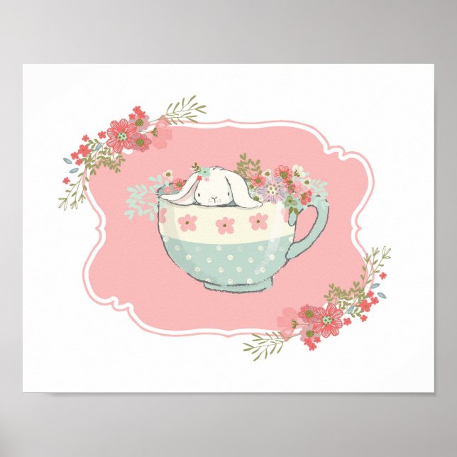 Little Bunny in a Teacup Pink Nursery Art Poster (Front)