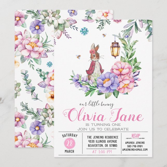 Little Bunny Spring Birthday Invitation (Front/Back)