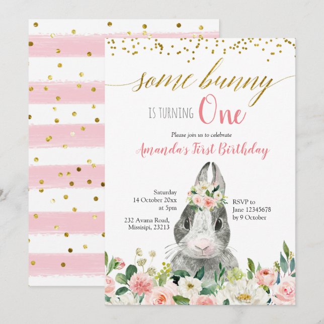 Little Bunny Spring Floral Birthday Invitation (Front/Back)