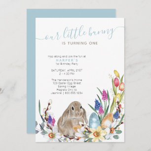 Little Bunny Spring Flower and Rabbit 1st Birthday Invitation