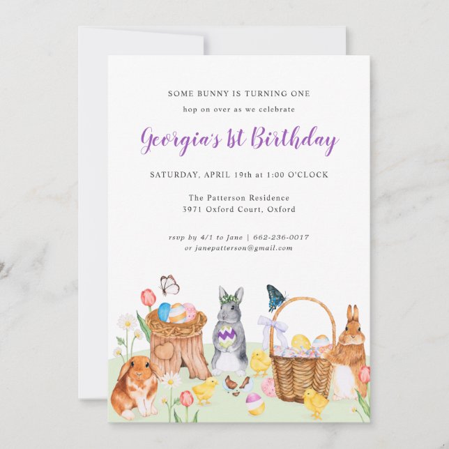 Little Bunny Spring Greenery Birthday Invitation (Front)