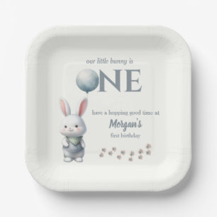 Little Bunny Turning One Blue Boys 1st Birthday Paper Plate