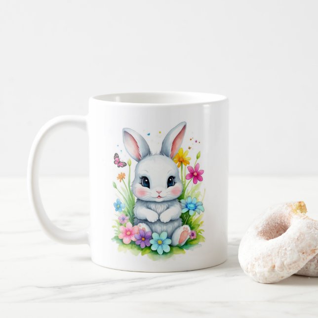 Little Bunny Wildflower Garden Easter  Coffee Mug (With Donut)