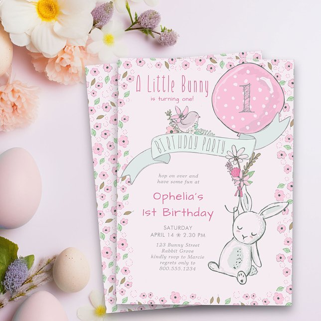 Little Bunny with Balloon Any Age Girl Birthday Invitation (Little Bunny First Birthay Party Invitation - or edit to suit any age)