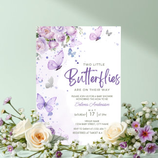 Little Butterflies Purple Floral Twins Baby Shower Invitation