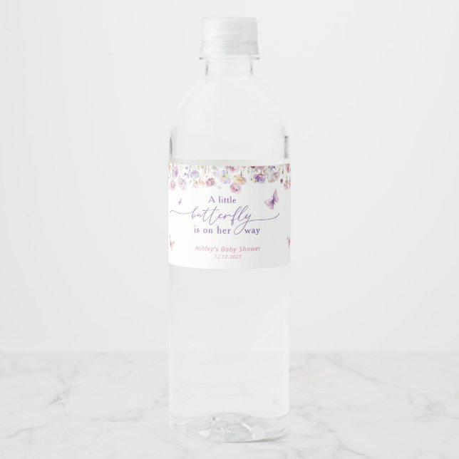 Little Butterfly and Wildflowers Baby Shower Water Bottle Label (Front)